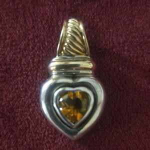 Heart Locket Pendant with Amber Gemstone - Two-Tone Gold & Silver